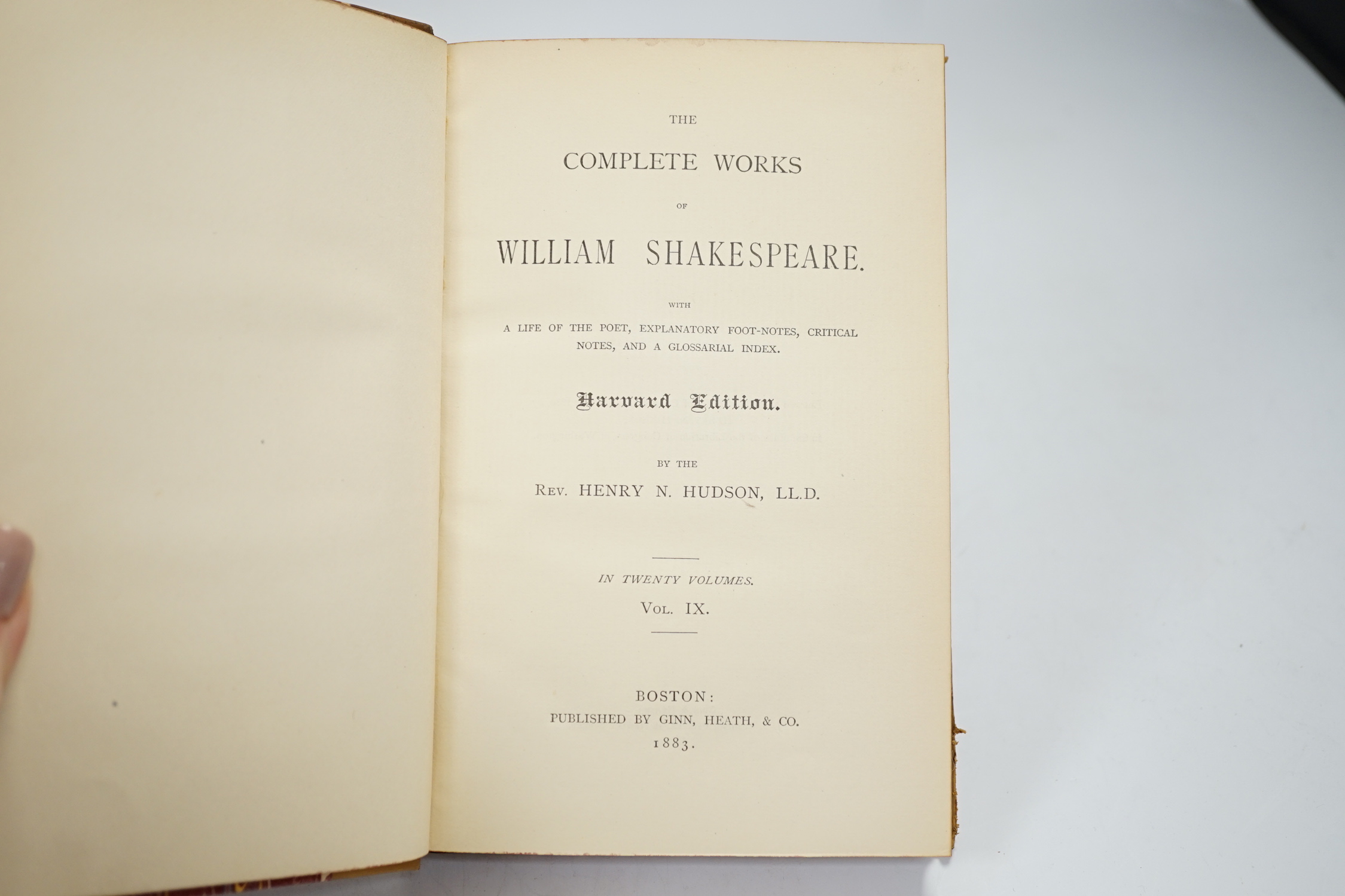 Twenty volumes of The Complete Works of William Shakespeare, Harvard Edition, publ. Ginn, Heath & Co, 1883 including Henry IV and As You Like It